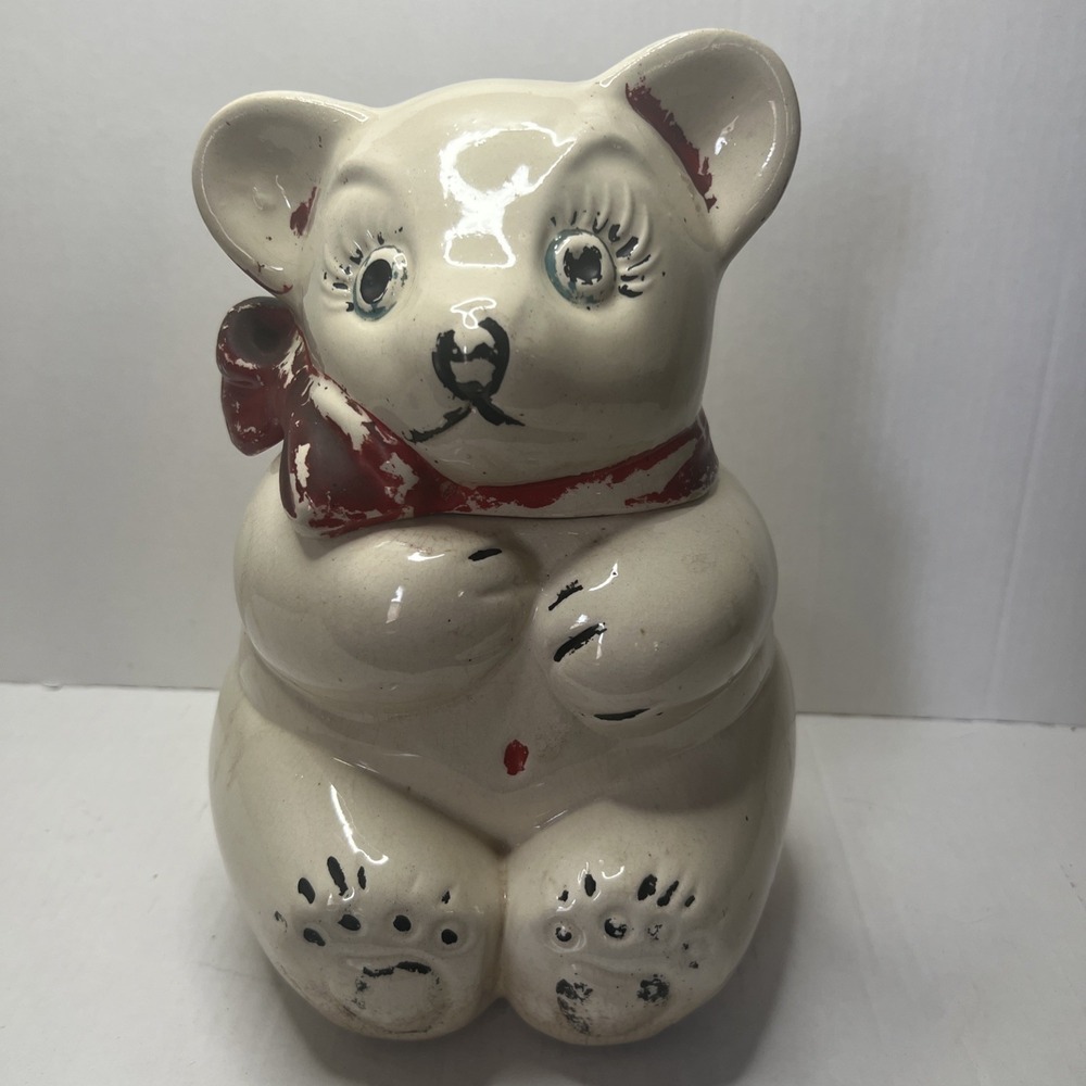 VINTAGE Circa 1950s Ceramic Bear Cookie Jar 11" x 7" American Bisque